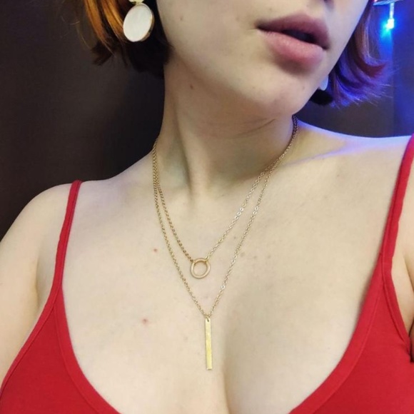 Gold Circle Bar Tassel Pendant Layered Necklace - Picture 3 of 6